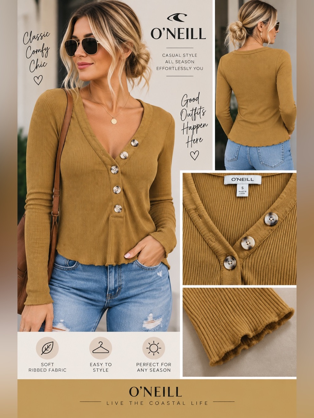 O'Neill Ribbed Asymmetric Button V-Neck Long Sleeve Top - Mustard